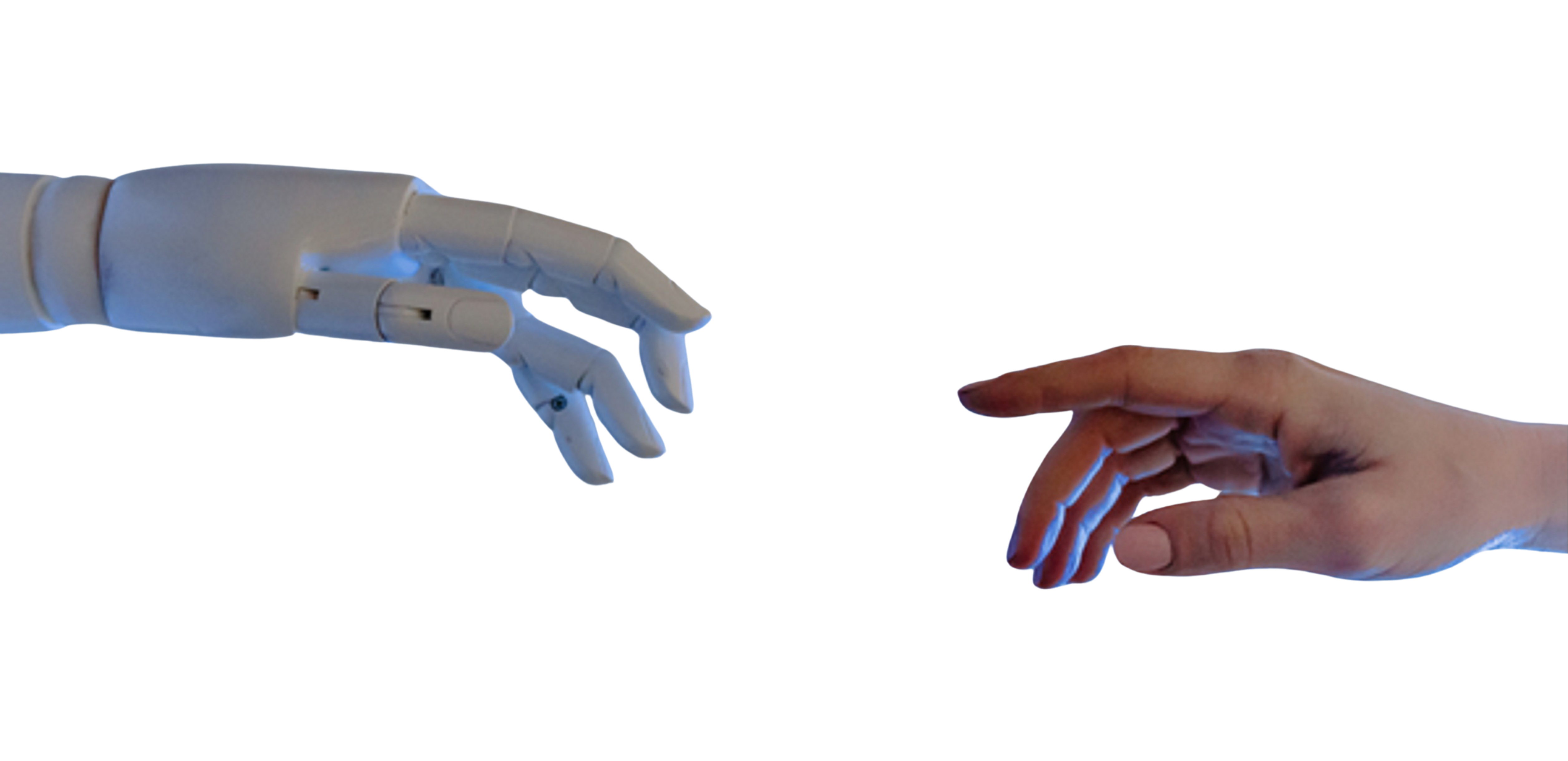 Mão robótica e mão humana se aproximando